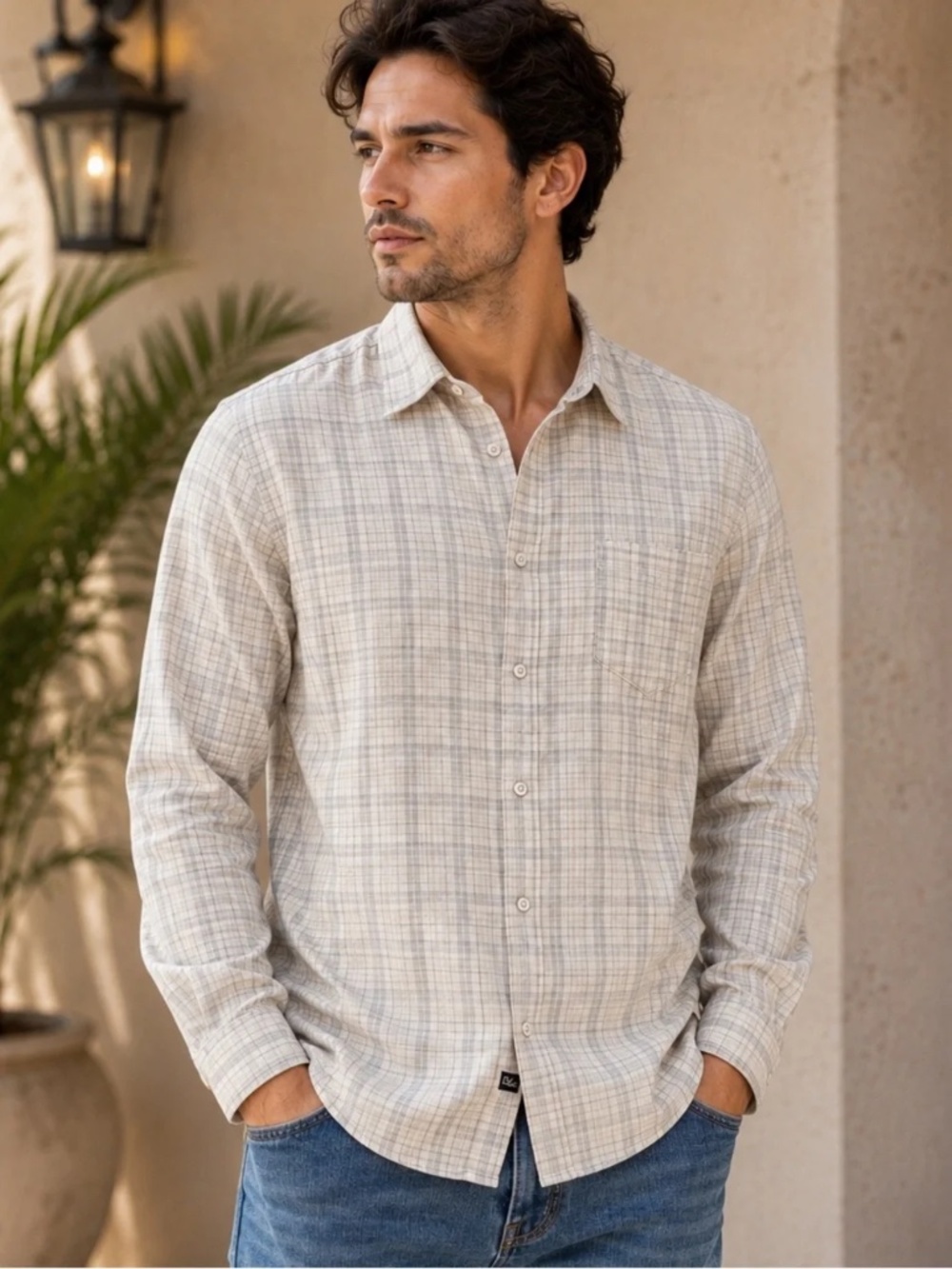 Rails Owens Plaid Button Down Shirt Cream Heather Gray orig. $168